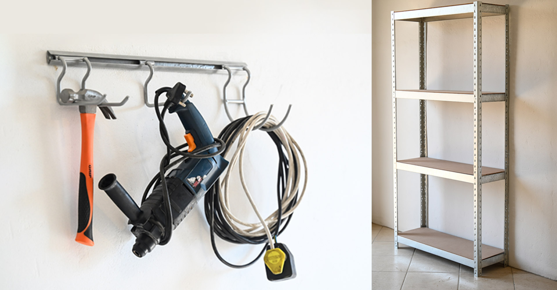 Organised garage using hooks and shelving